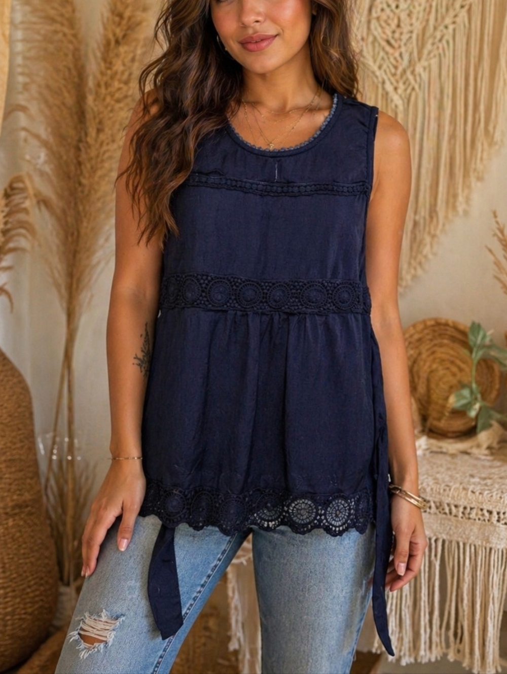 Stork & Babe 100% Viscose Navy Crochet Trim Sleeveless Boho Top
